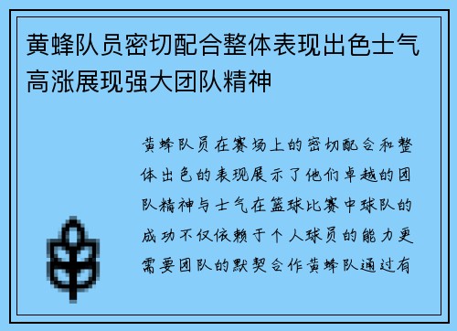 黄蜂队员密切配合整体表现出色士气高涨展现强大团队精神