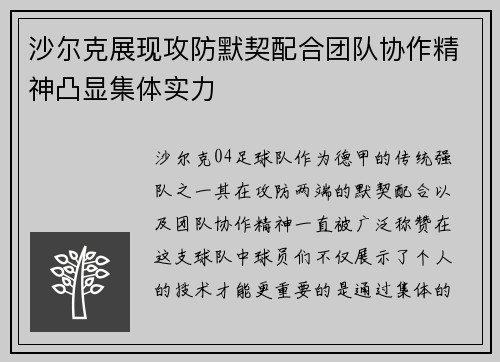 沙尔克展现攻防默契配合团队协作精神凸显集体实力